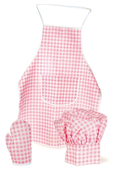 Schürze, Kochmütze und Handschuh Set pink/weiss kariert, für Kinder
